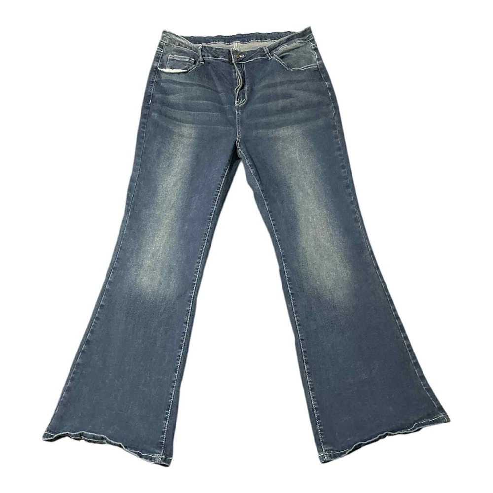 ROMWE Jeans Womens 2XL Blue Flare Bell Bottom Embroidered Cross Pockets Stretch